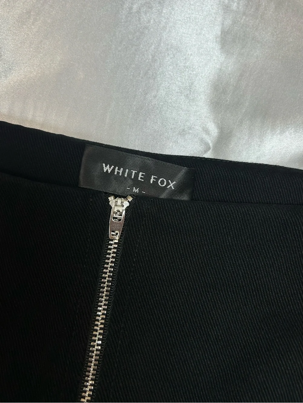 White Fox Black Denim Front Zip Mini Skirt, Size M